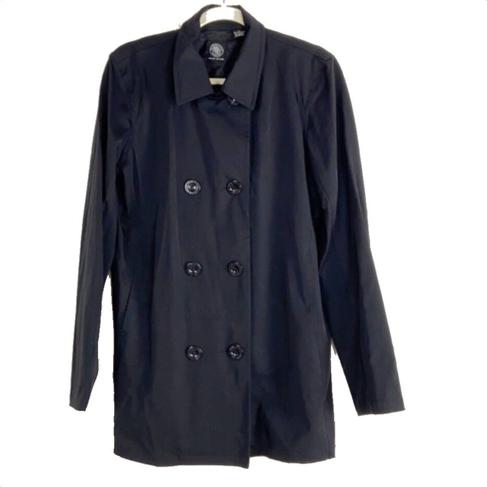 DKNY black button up doubled breasted waterproof trench coat with front pockets